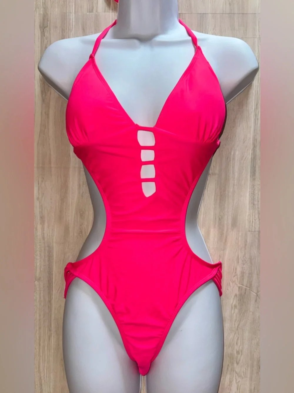 Neon Pink Y2K One-Piece Swimsuit with Side Cut-Outs - size Large - Picture 8 of 12
